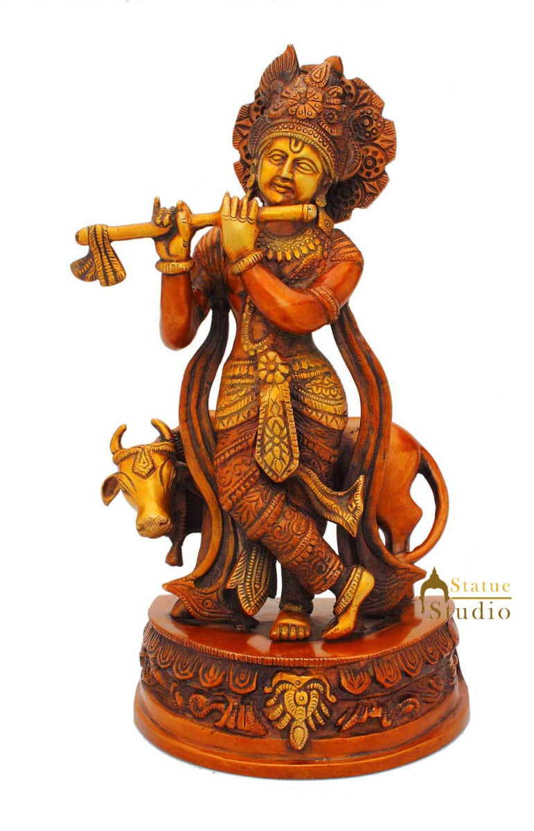 Antique statue Lord Krishna hindu god deity with cow pooja religious décor 13"