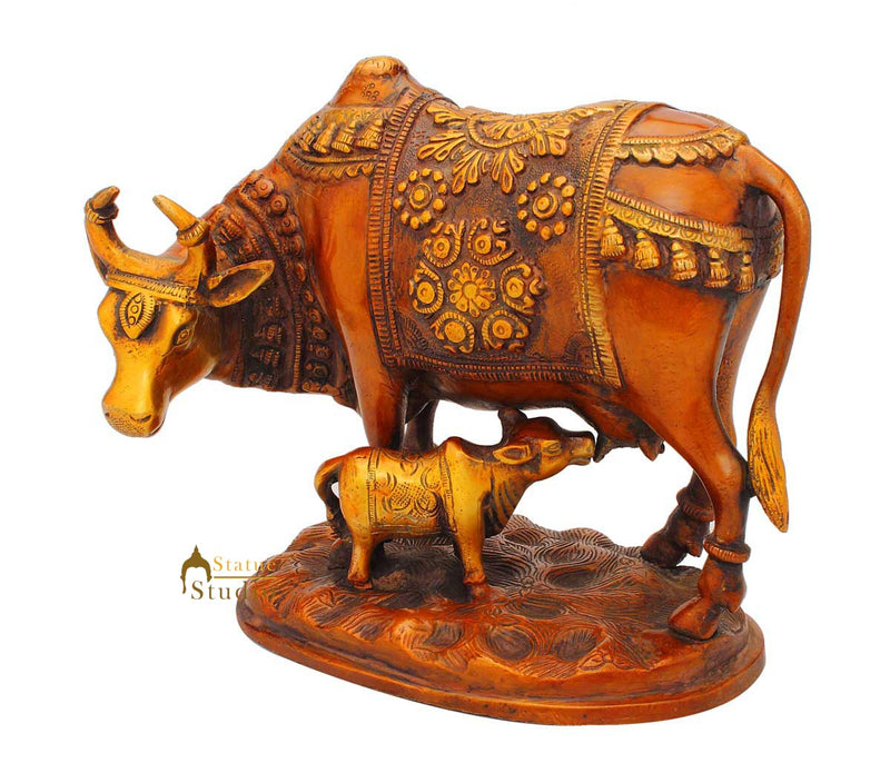 Brass hindu holy sacred cow calf pair statue antique idol figure 7"