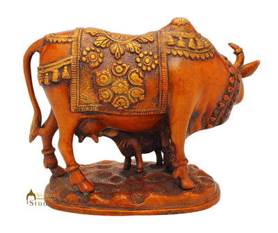 Brass hindu holy sacred cow calf pair statue antique idol figure 7"