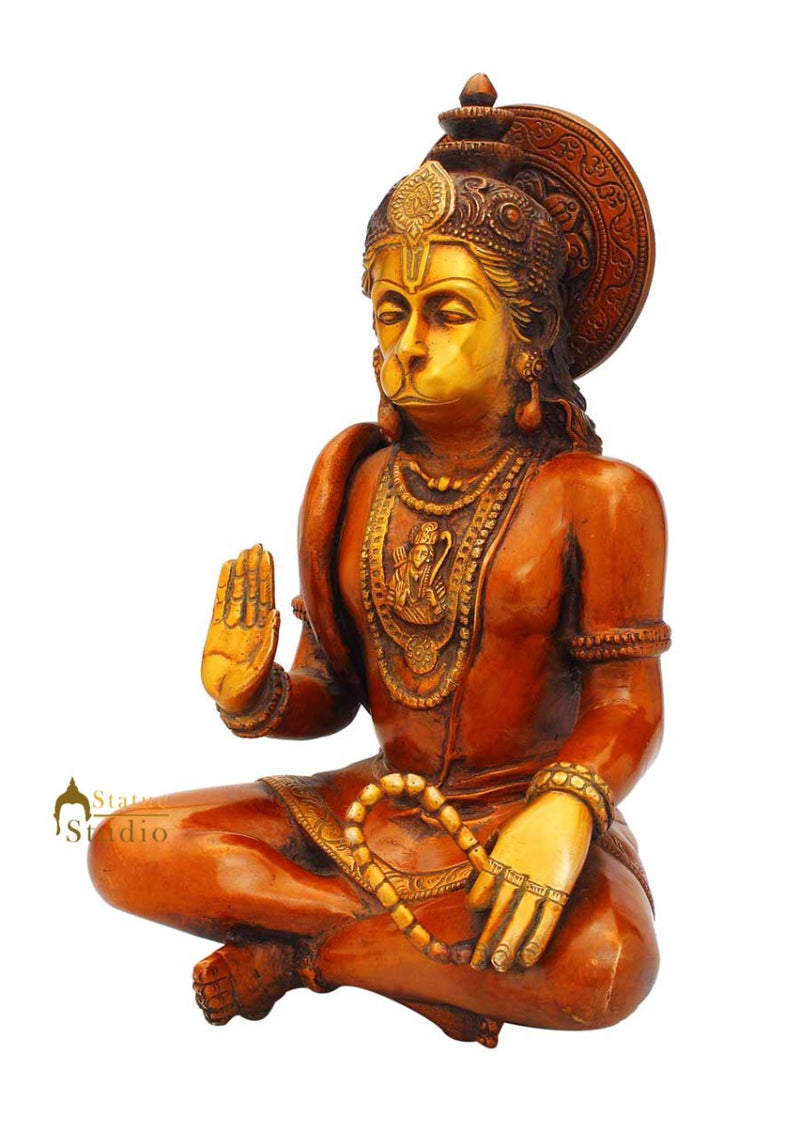 Brass sitting hindu god lord hanuman idol murti religious statue sculpture 11"