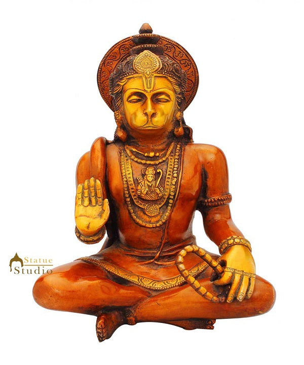 Brass sitting hindu god lord hanuman idol murti religious statue sculpture 11"