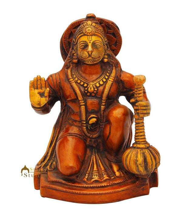 Brass sitting hindu god lord hanuman idol murti religious statue sculpture 7"