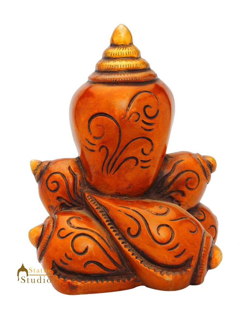 Brass indian handicraft hand made ganesha statue on shankh religious décor 7"
