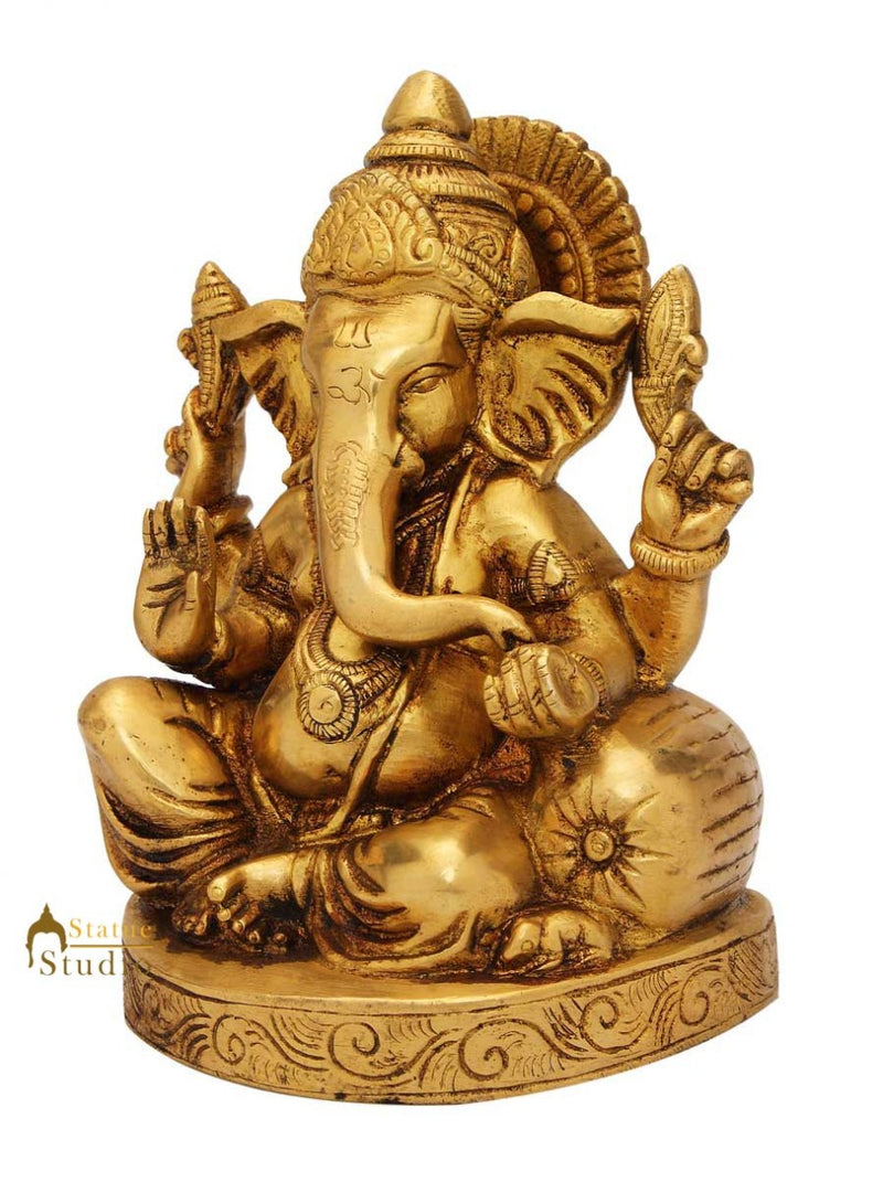 Brass sitting ganesha statue india hindu gods hand made figure sculpture 7"