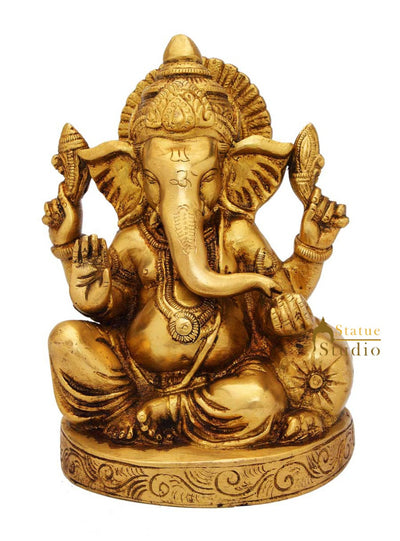 Brass sitting ganesha statue india hindu gods hand made figure sculpture 7"