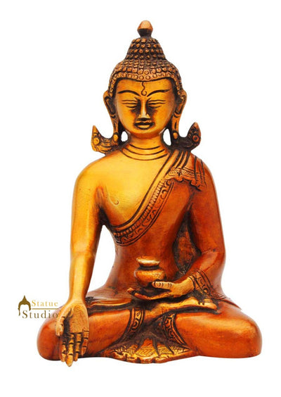 Bronze antique buddha with bowl brass statue buddhist medicine sakyamuni 6"