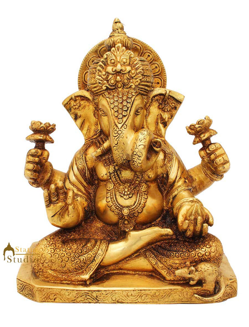 Brass lord elephant ganesha twisted trunk success and fame religious décor 9"