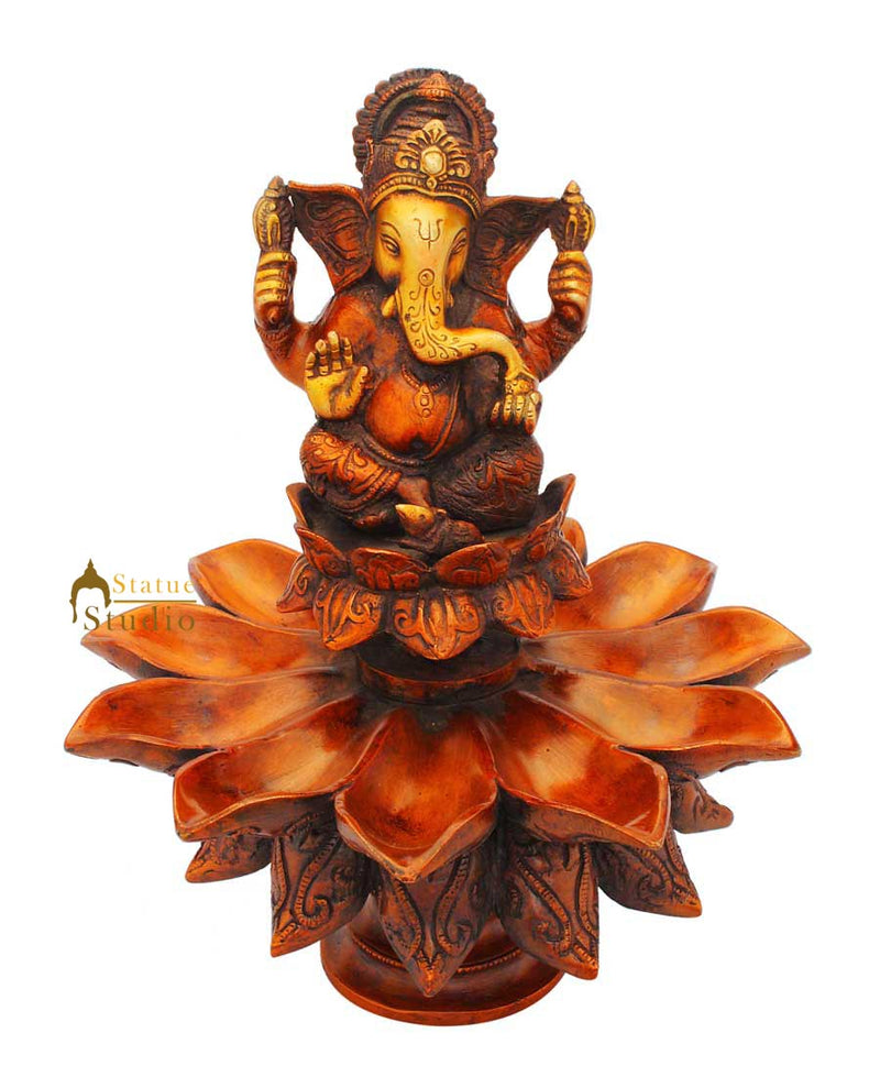 Antique Brass ganesha diya stand oil lamp spiritual home decor 11"