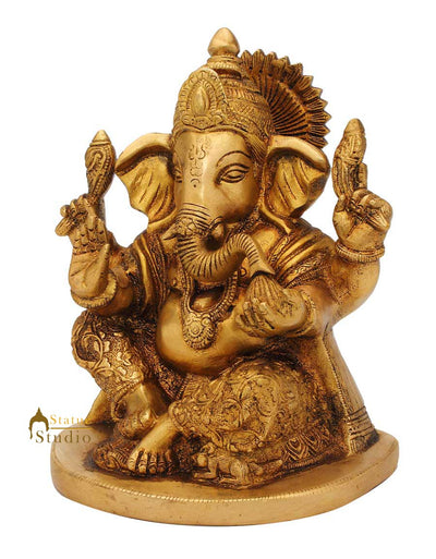 Brass hand carved ganesha statue idol figure religious hindu god décor 7"