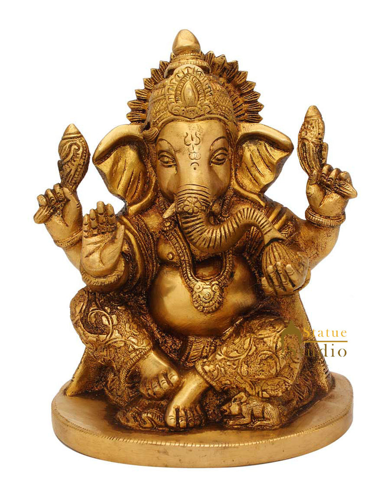 Brass hand carved ganesha statue idol figure religious hindu god décor 7"