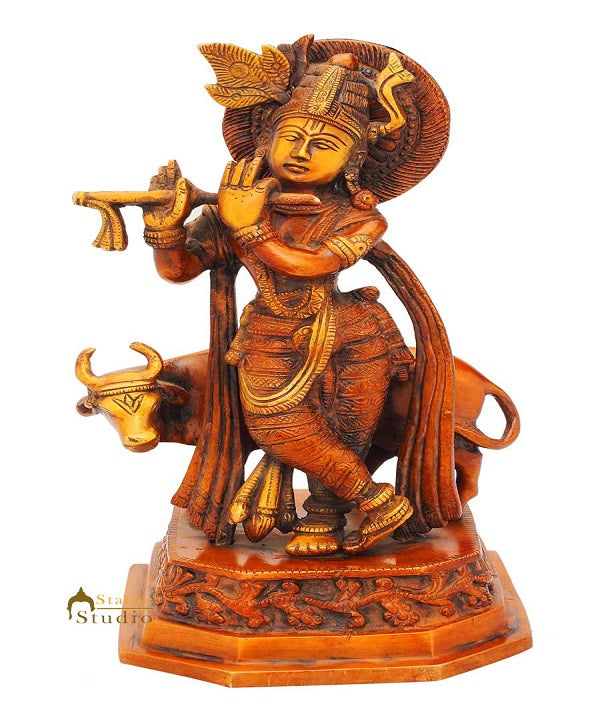 Brass Statue of Lord Krishna hindu god deity with cow pooja religious décor 10"