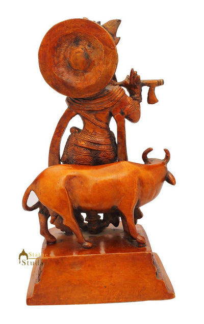 Brass Statue of Lord Krishna hindu god deity with cow pooja religious décor 10"