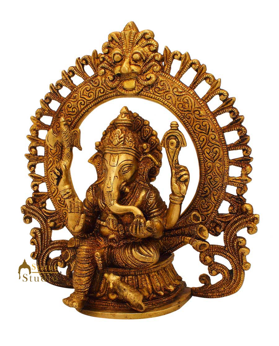 Brass ganesha with ring on top hindu gods statue religious idol figure 9"