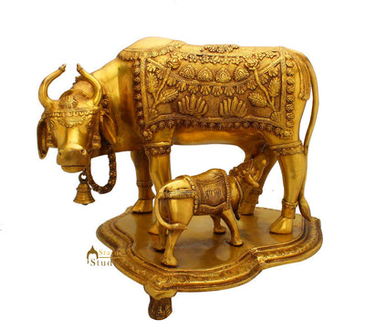 Brass hindu sacred holy cow and calf religious pair statue idol pooja figure 14"