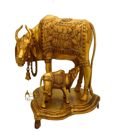 Brass hindu sacred holy cow and calf religious pair statue idol pooja figure 14"