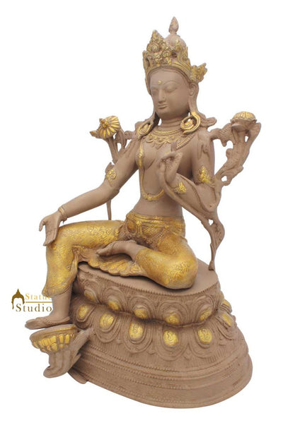 Brass metal buddha goddess green tara on base tibet old religious décor 17"