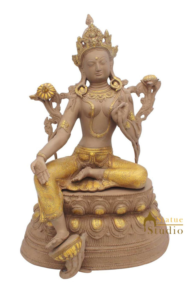 Brass metal buddha goddess green tara on base tibet old religious décor 17"