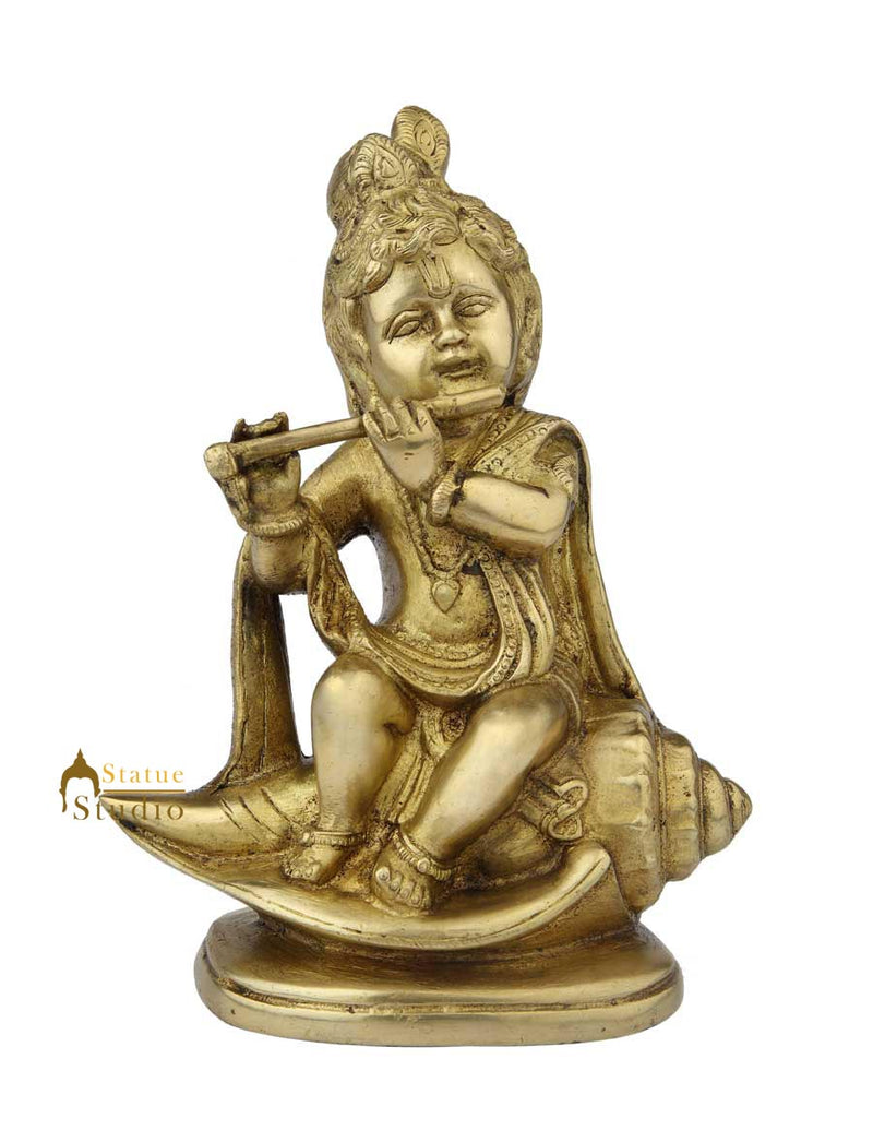 Rare brass hindu god lord bal krishna gopal flute idol pooja religious décor 9"