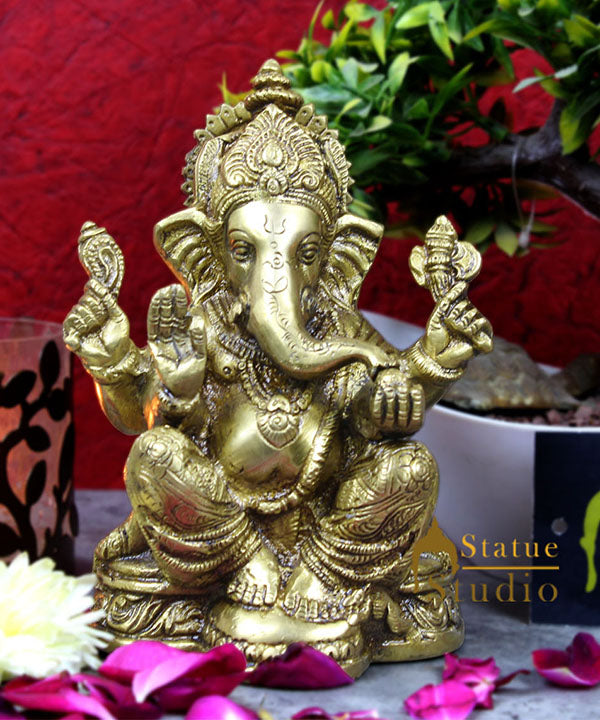 Brass ganeshji murti sitting hindu gods idol figure religious décor 8"