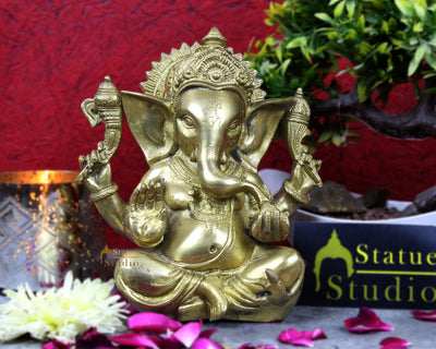 Brass ganesha statue with tilted head sculpture religious idol figure 7"