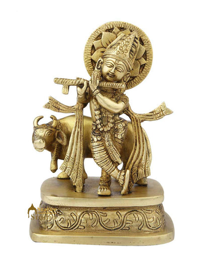 Hindu Gods lord Krishna standing with Cow statue pooja religious décor 7"