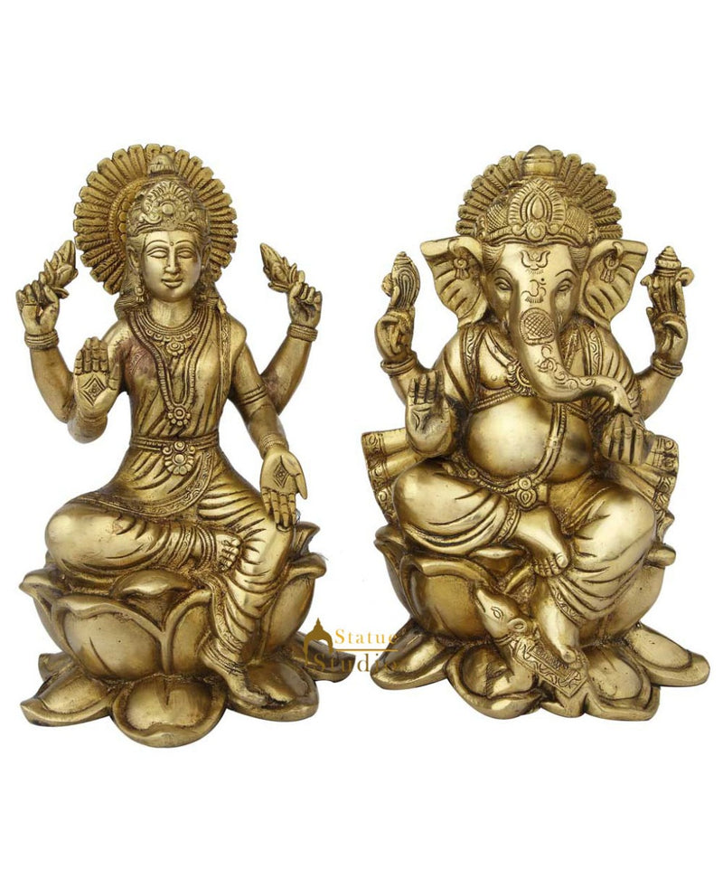Brass hindu gods goddess ganesha lakshmi saraswati sitting on lotus base 11"