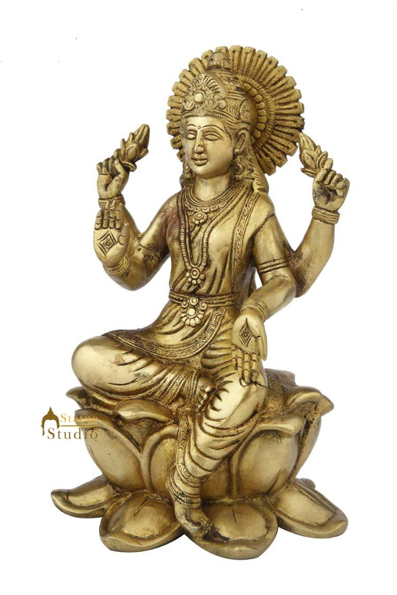 Brass indian made hand carved hindu goddess of wealth laxmi statue idol 11"