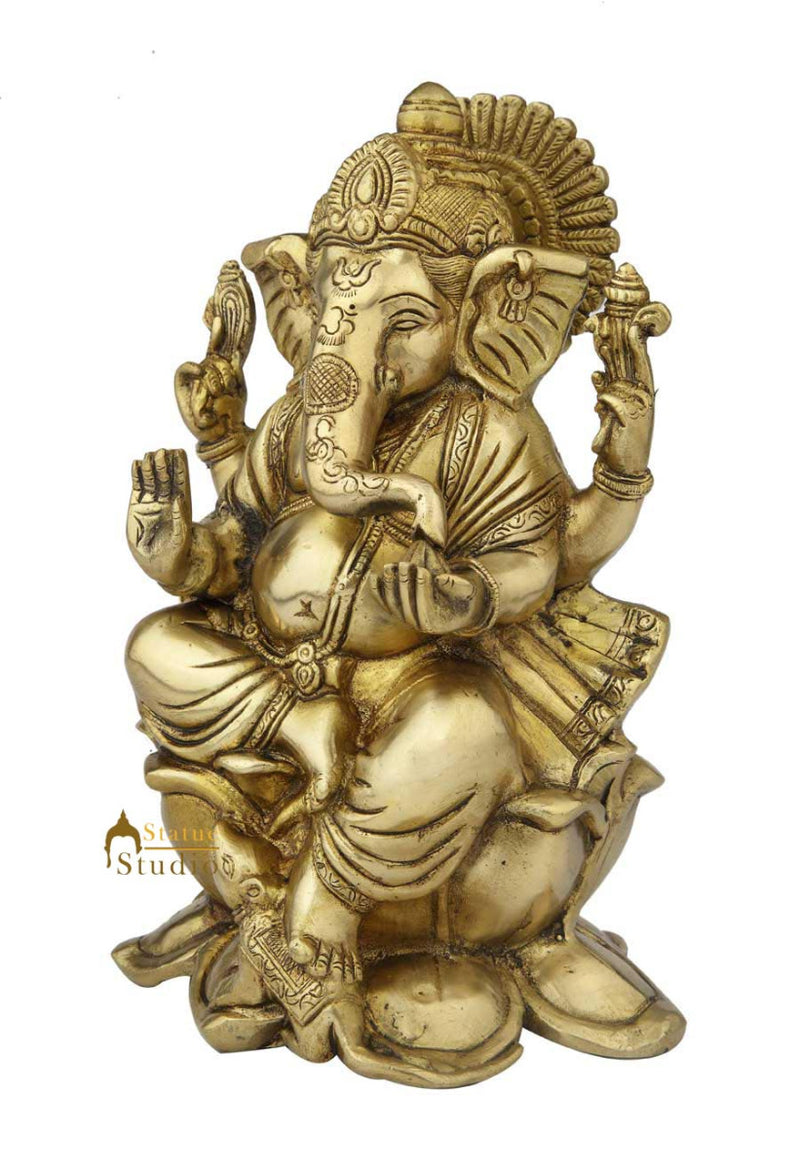 Brass ganesha sitting on lotus india hindu gods statue religious décor art 10"