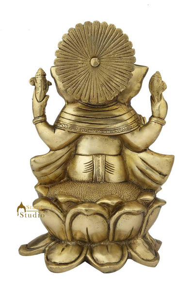 Brass ganesha sitting on lotus india hindu gods statue religious décor art 10"
