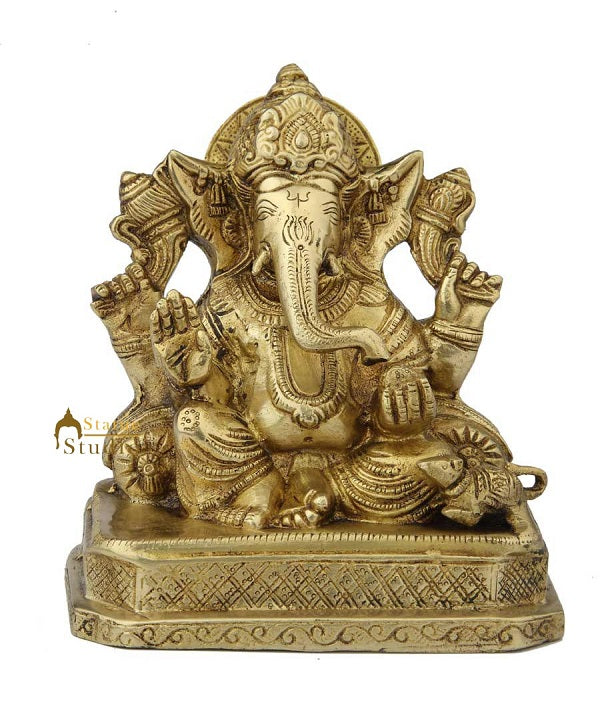 Brass ganesha sitting statue indian handicrafts religious hinduism décor 8"