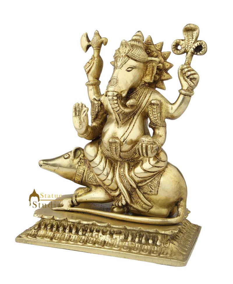 Brass ganesha murti sitting statue hindu god elephant lord idol figure 10"