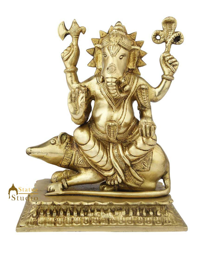 Brass ganesha murti sitting statue hindu god elephant lord idol figure 10"