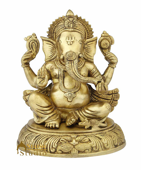 Brass ganesha murti sitting statue hindu god elephant lord idol figure 12"