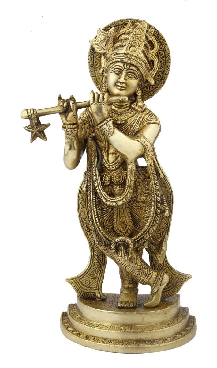 Brass Hindu god statue of Krishna ji with Ornaments idol religious décor 12"