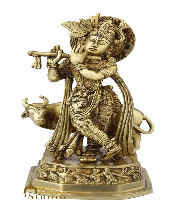 Brass krishna ji murti with hindu sancred cow statue idol figure 10"