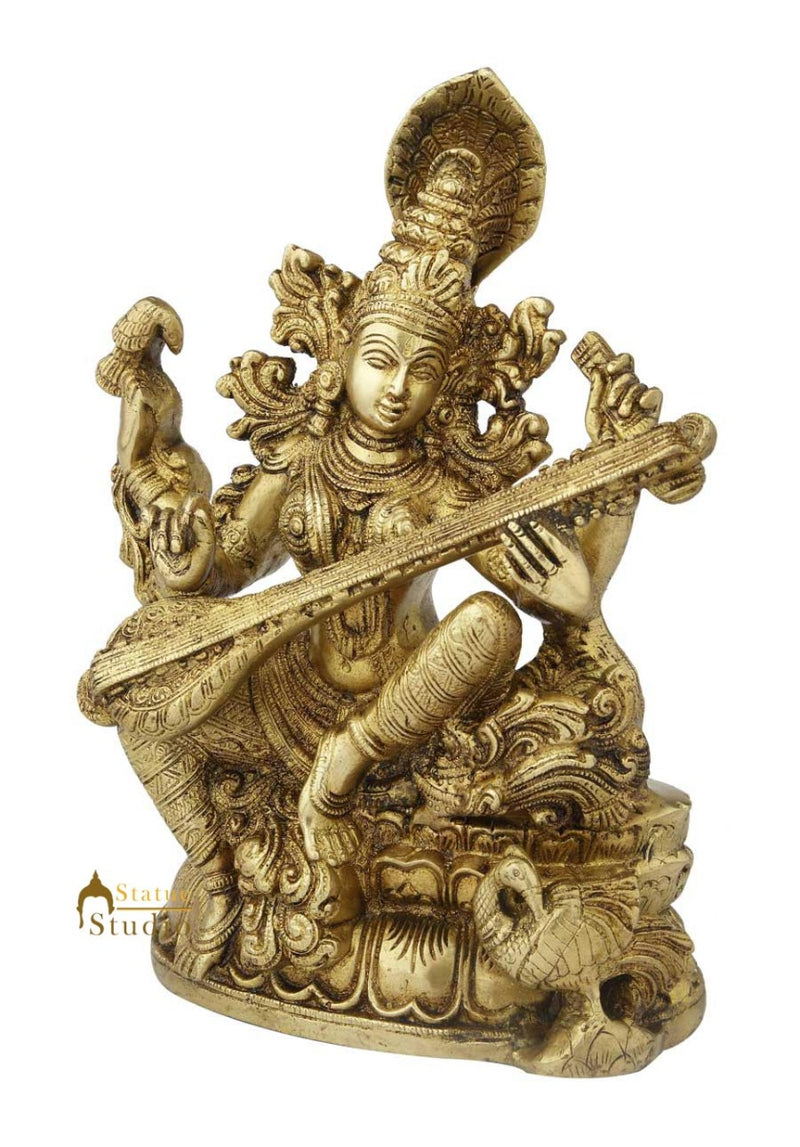 Brass india hindu goddess wisdom saraswati statue with sitar religious décor 11"