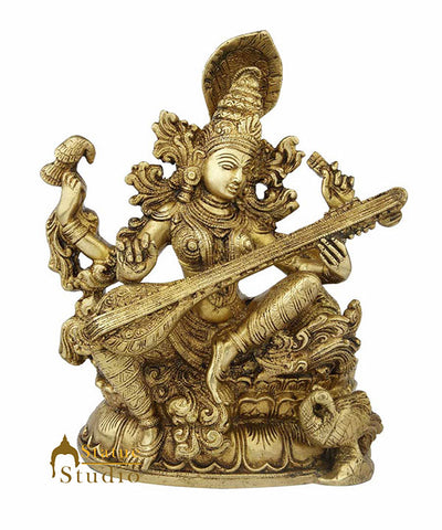 Brass india hindu goddess wisdom saraswati statue with sitar religious décor 11"