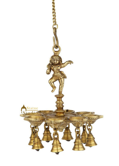Brass religious temple hanging diya oil lamp décor 11"