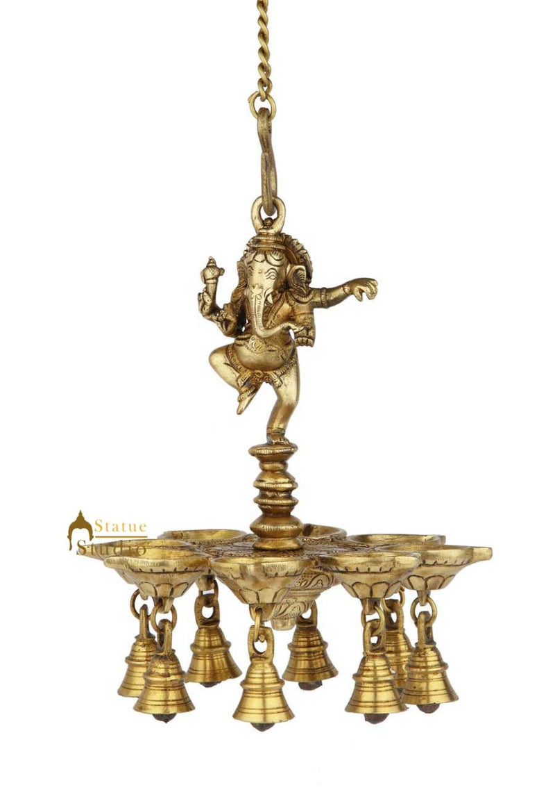Antique Brass ganesha hanging diya oil lamp spiritual decor 11"