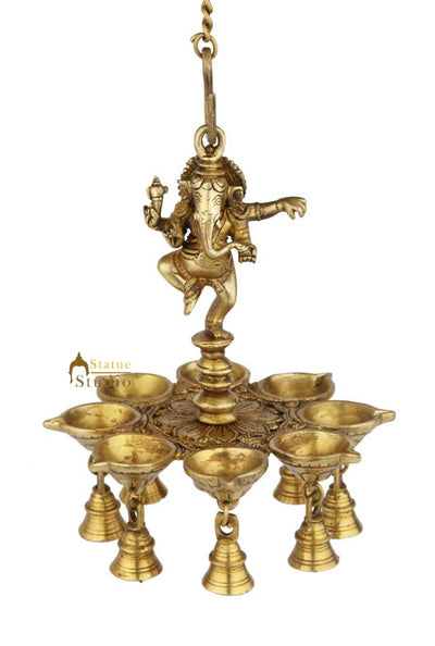 Antique Brass ganesha hanging diya oil lamp spiritual decor 11"
