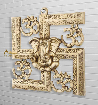 Brass hindu god lord ganesha satiya om plate removable wall hanging décor 9"