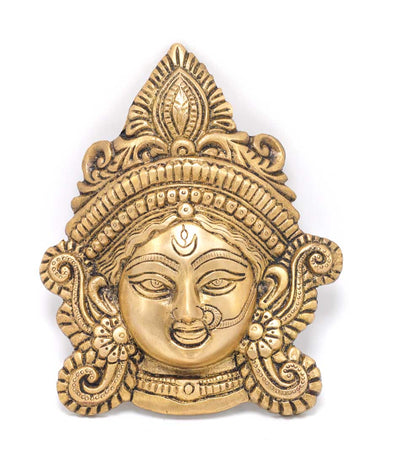 Brass hindu goddess maa durga mask wall hanging décor removable gift set 8"