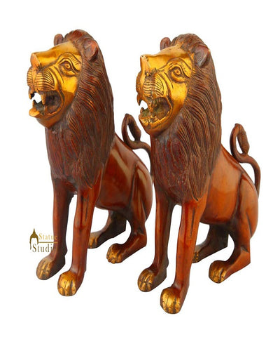 Brass lion pair statue figurine home décor hand carved animal sculpture 8"