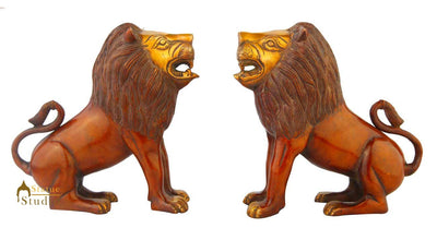 Brass lion pair statue figurine home décor hand carved animal sculpture 8"