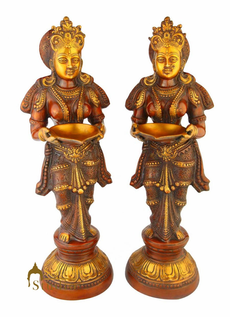 Antique brass deeplaxmi statue décor showpiece turquoise coral figurine pair 24"