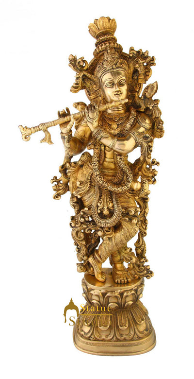 Brass India hand made hindu deity lord Krishna idol religious décor statue 29"