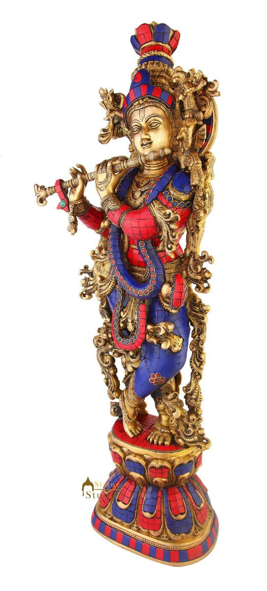 Brass turquoise coral hindu deity lord Krishna idol religious décor statue 29"
