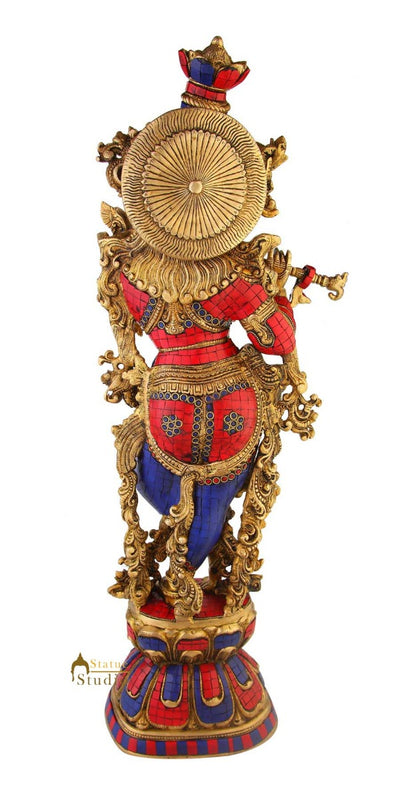Brass turquoise coral hindu deity lord Krishna idol religious décor statue 29"