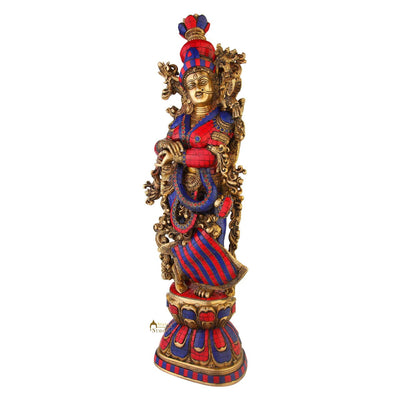 Brass hindu god radha krishna statue turquoise coral religious india décor 29"