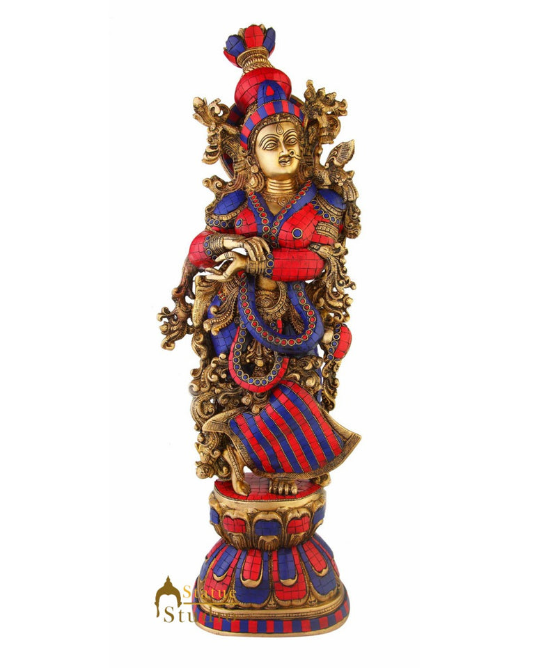 Brass hindu god radha krishna statue turquoise coral religious india décor 29"
